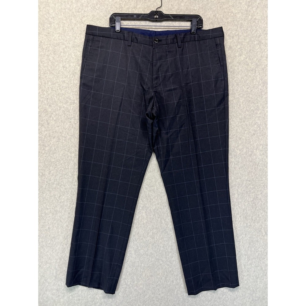 Hugo Boss Mens Dress Pants 40R Navy Windowpane Flat Front Career Wool Blend